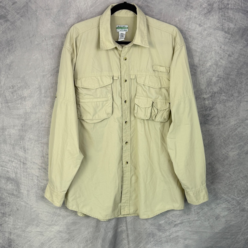 LL Bean Mens Sz L Buzz Off Long Sleeve Button Up Shirt Safari Fishing‎ hiking